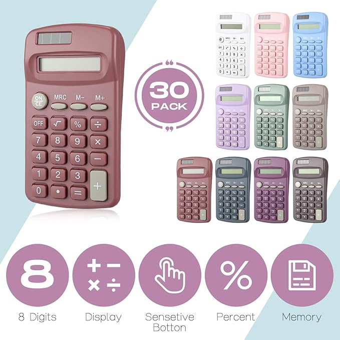 30 Pack Pocket Calculator Small Battery Powered Bulk Mini Size 4 Function Hand Held Basic Calculator for Students Kids School Home Office(Multicolor)