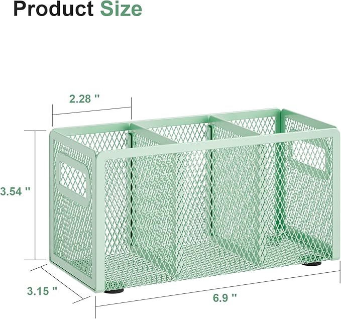Marbrasse Mesh Pen Holder for Desk,Pencil Holder Desk Organizer 3 Adjustable Compartments,Pencil Cup with Handle Perfect for Classroom, Office, Home,Makeup,Art (Green)