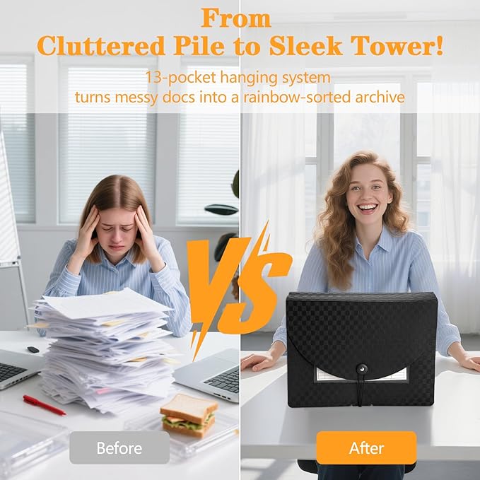 4 Pack Waterproof Accordion File Organizer, 13 Pockets Expanding File Folder with Colored Blank Tabs, Suitable for Students and Office Workers to Manage and Store Documents（Black）