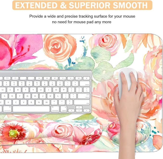 Large Mouse Pad Set, Cute Extended Mouse Pad+Keyboard Wrist Rest Support Desk Pad Memory Foam Ergonomic Easy Typing, 35.4×15.7 in Desk Mat Set for Home Office Study Game - Flowers