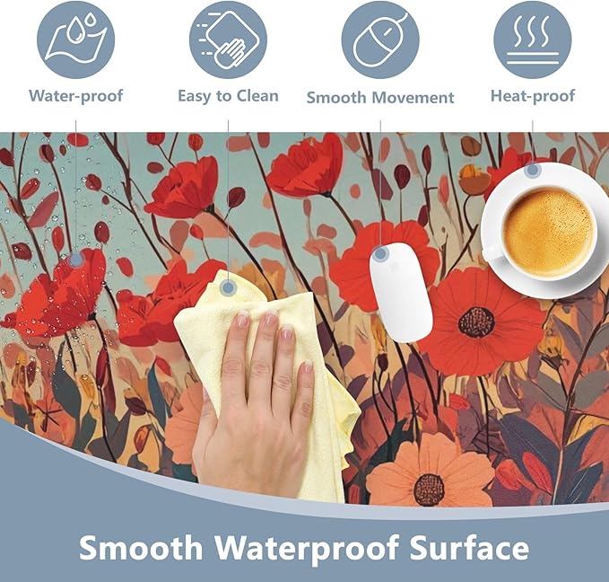 Mouse Pad Desk Mat Leather Desk Pad Large Gaming Desk Cover Protector Mat for Keyboard Computer Laptop Office Waterproof 35.4 x 16.5 Inch Autumn Poppy Flowers
