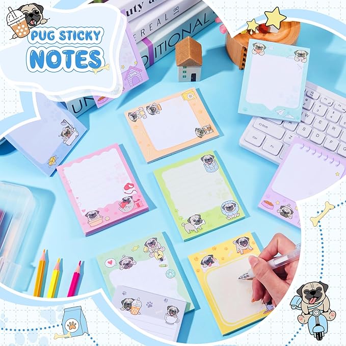 Sabary 9 Pads Cute Sticky Notes Animal Sticky Note Pads 3.15 x 3.94 Inches Colored Adhesive Memo Reminder Decor for Journal School Office Gifts(Pug)
