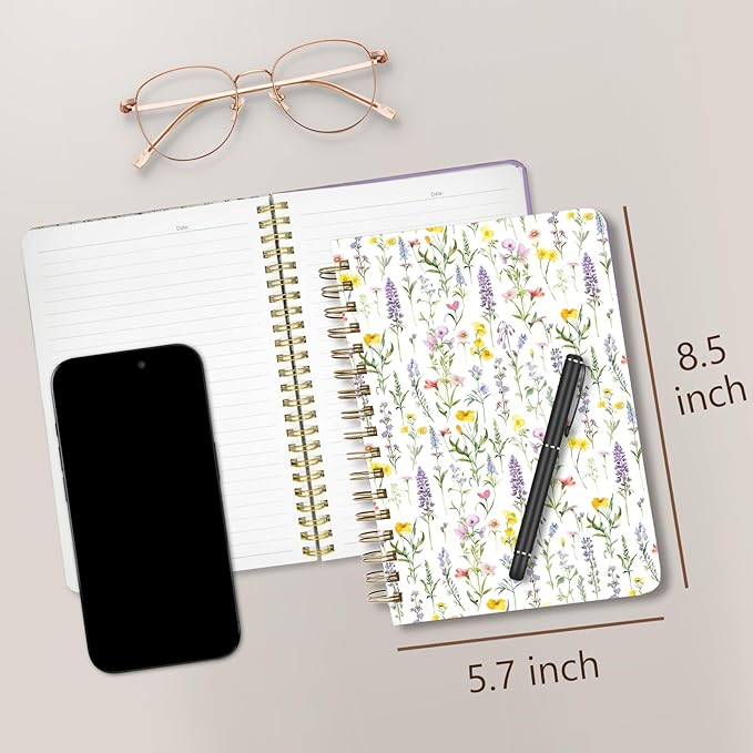 Cute Spiral Notebook journal A5 Aesthetic Pretty Floral Design for Women Girls Kawaii with Pocket, 8.5 x 5.7 inch, Link Floral