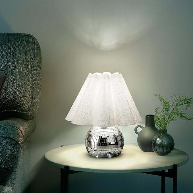 Disco Small Table Lamp for Bedroom, Funky Lamp Ball Lamps for Kitchen, Mini Table Lamps for Small Spaces with Scalloped Shade for Nightstand Desk Lamp