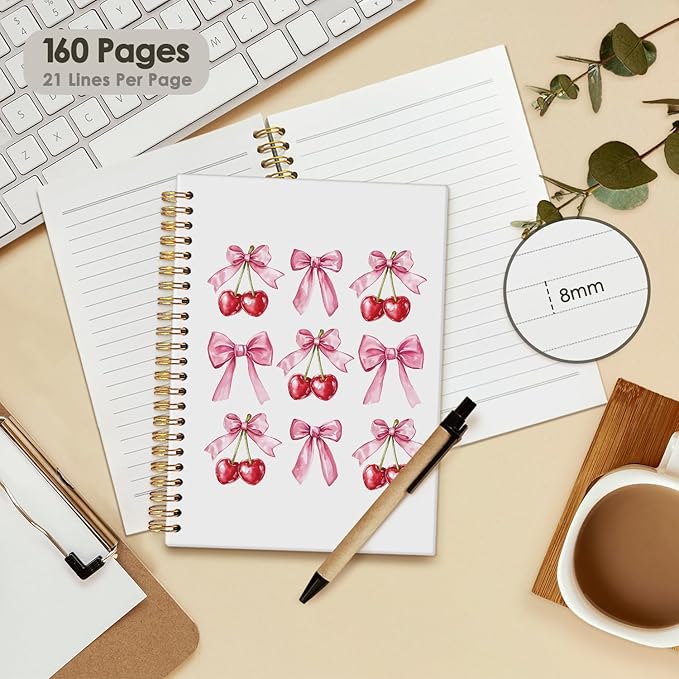 Cute Notebook, Cherry Coquette Pink Bow Notebook Gifts for Women Girls, Girly Stuff Hardcover Spiral Notebook Journal 8.3x5.5 Inch