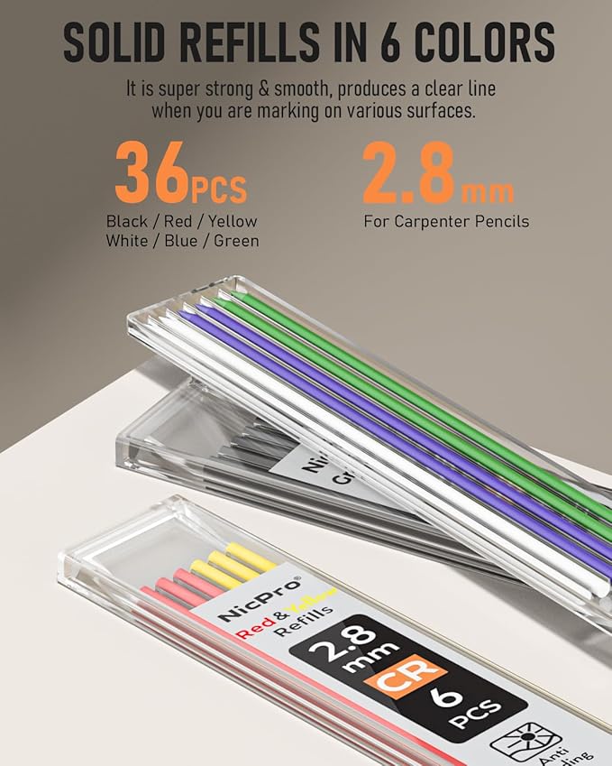 Nicpro 5 Pack Carpenter Pencil with Sharpener, Mechanical Carpenter Pencils Set with 41 Refills, Deep Hole Marker Construction Pencil, Heavy Duty Woodworking Tools for Architect Carpenter - With Case