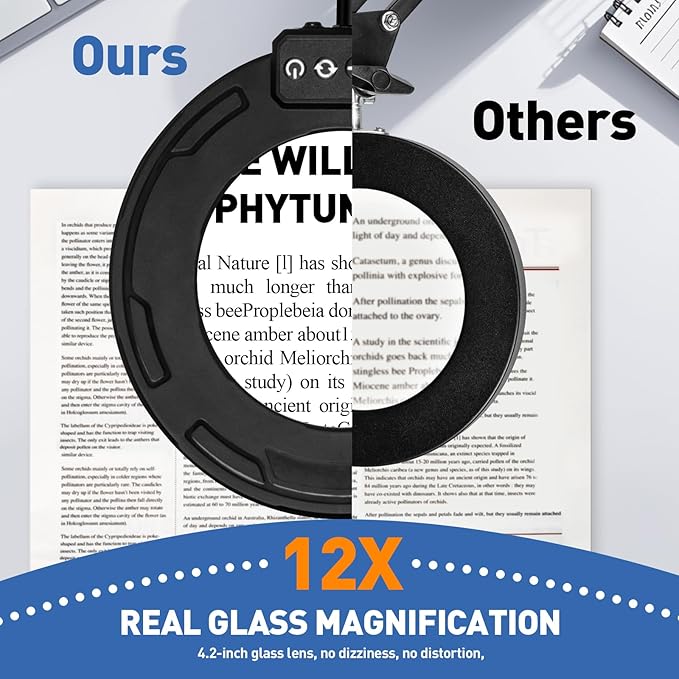 HITTI Ultra Long 12X Magnifying Glass with Light and Clamp, 5 Color Modes Steepless Dimming Desk Lamp, Swivel Arm Workbench Light, Hands Free Lighted Magnifier Stand for Craft Reading Soldering