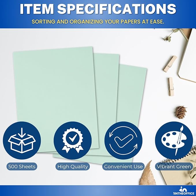 1InTheOffice Colored Copy Paper, Green Copy Paper, Printing Paper 8.5 x 11, Letter Size, Green, 20lb Density, (500 Sheets)