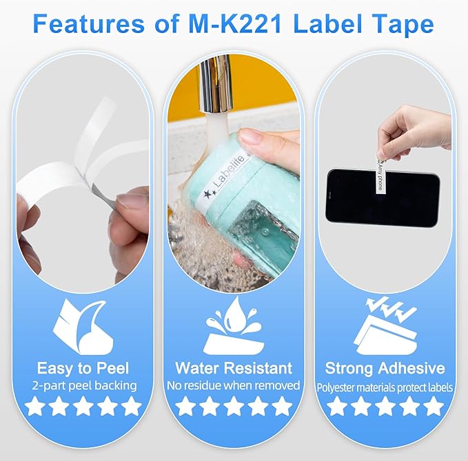 Labelife Replace for Brother M Tape 9mm 3/8 0.35 White M-K221 MK221 M221 for Brother P Touch PT-M95 PT-65 PT-70BM PT-45 PT-80 PT-90 Label Maker Refills, 4 Pack, Black on White