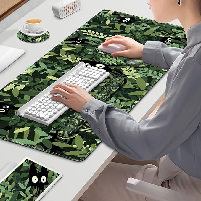 Large Desk Mat, Cute Anime Cats Gaming Mouse Pad, Desk Pad Protector, XXL Mousepad + Keyboard Wrist Rest+Mouse Wrist Rest+Coaster Set with Ergonomic Desk Pad for Home Office PC Computer, Green Leaves