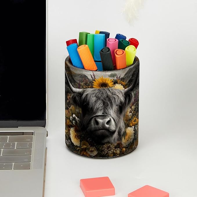 Watercolor Sunflower Yak PVC Leather Circular Pencil Holder for Desk Organizer Stationery Holder for Office, School(3.9 x 3.1 Inches)