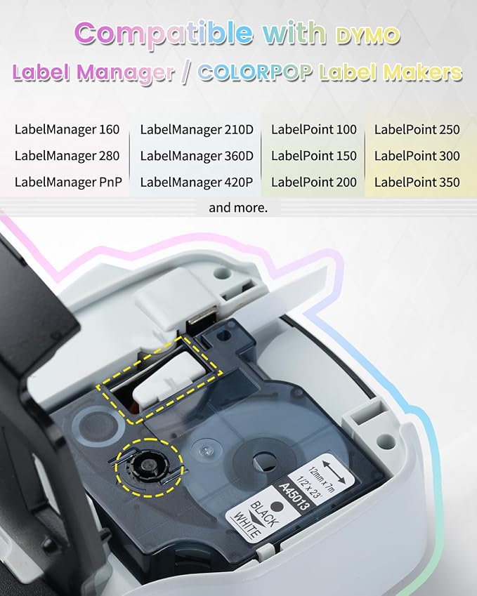 Anycolor 6-Pack Compatible with Dymo D1 Label Tape 12mm 0.47" D1 Label Maker Refills Work with DYMO LabelManager 160 280 420P COLORPOP Labeler