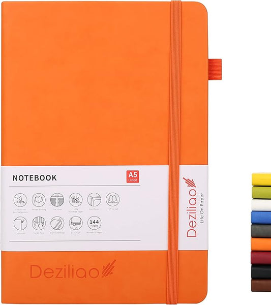 Deziliao Lined Journal Notebooks with Pen Loop, Hardcover Notebook Journal for Work, 100Gsm Premium Thick Paper with Inner Pocket, Medium 5.7''''x8.4'''', ?Orange, Ruled, 1 Pack