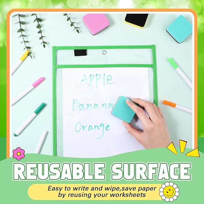 24 Pack Dry Erase Pocket Reusable Sleeves 10" x 14" Clear Plastic Sheet Protectors with Dry Erase Markers and Mini Sleeves Paper Teacher Supplies(Modern Boho)