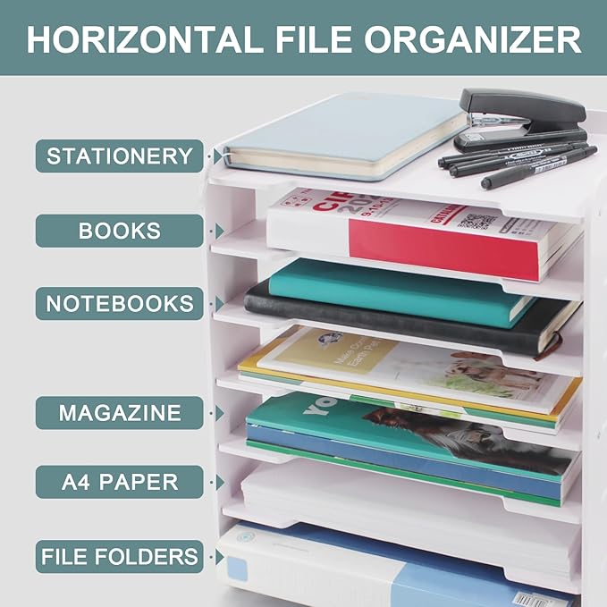SONGWAY Paper Storage Organizer for Desk - 7 Tier Horizontal Paper Sorter Organizer, Letter Mail Tray, File Folder Holder Rack, White Desk File Organizer for Home Office