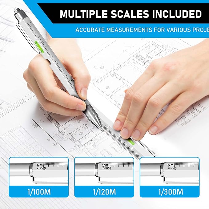 Christmas Stocking Stuffers for Men Adults, 2 Pack Multi-Tool Pen Set, 11 in 1 Multitool Pen with LED Light, Ruler, Level, Screwdriver, Stylus, Flathead, Birthday Gifts for Men, Husband, Silver