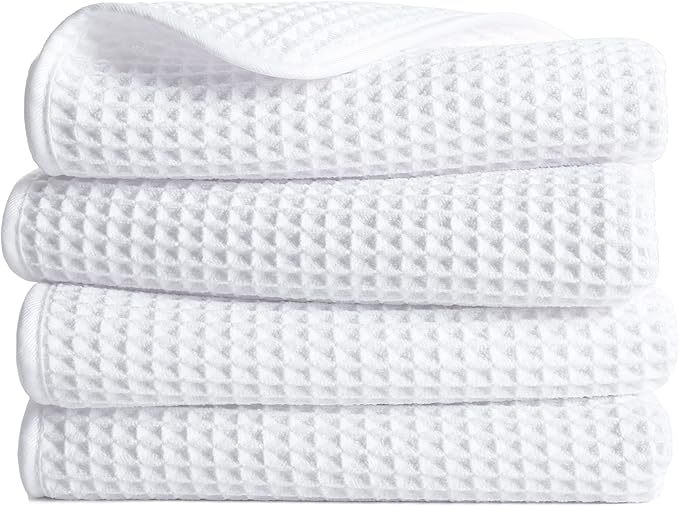POLYTE Microfiber Lint Free Hand Towel, 16 x 30 in, 4 Pack (White, Waffle Weave)