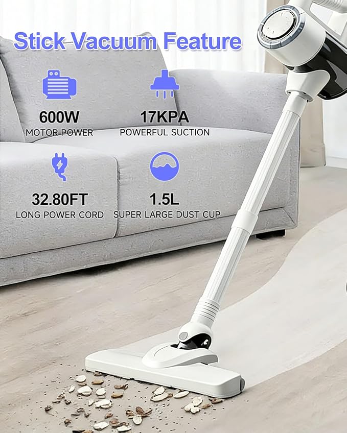 Aivacod Corded Stick Vacuum Cleaner with 33 Feet Long Power Cable, 600W 17Kpa Handheld Vacuum Cleaner for Home, 1.5L Dust Cup, Removable Tube, HEPA Filter, for Hard Floor, Tiles