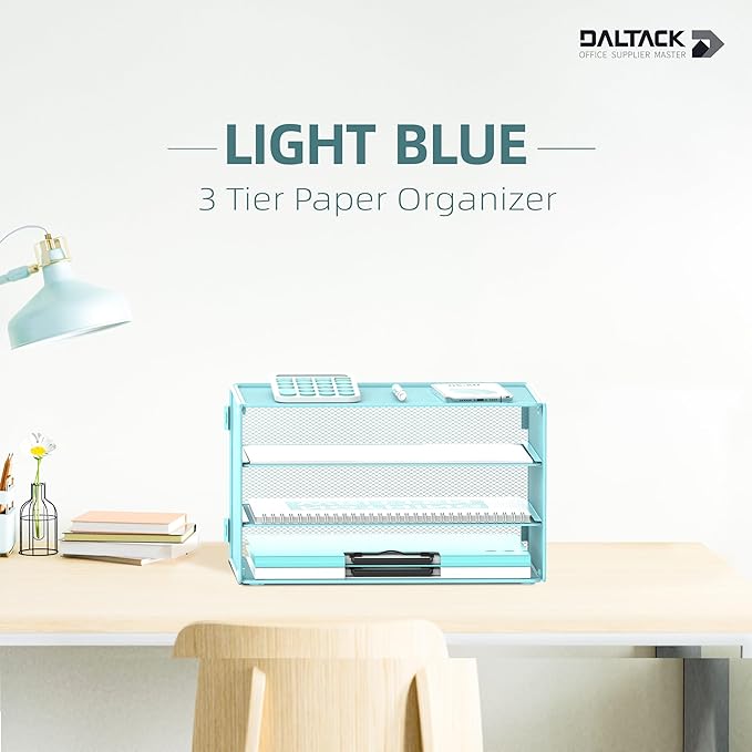 DALTACK 3 Tier Letter Tray Paper Organizer Mesh Metal Desk File Organizer for Home & Office, Light Blue