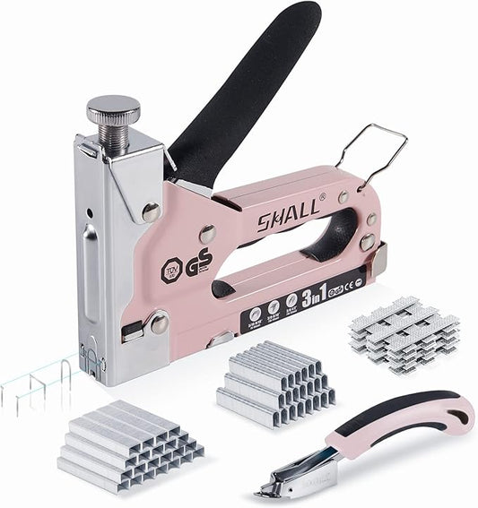SHALL Staple Gun Heavy Duty, 3-in-1 Upholstery Staple Gun Kit with 3000 Staples, Stapler Remover, Manual Brad Nailer with Specific Staples Outlet Position Indicator