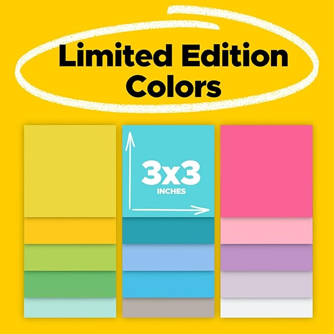 Post-it Super Sticky Notes, Limited Edition Color Collection, 3x3 in, 15 Pads/Pack, 45 Sheets/Pad (Pack of 12)