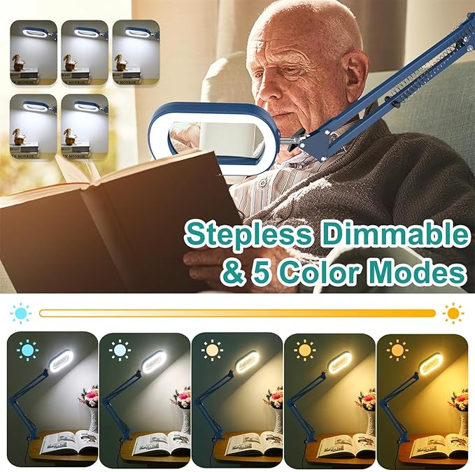 10X Rectangle Magnifying Glass with Light, 5 Color Modes Stepless Dimmable Magnifier with Stand, LED Lighted Clamp Desk Lamp with Swing Arm, Hands Free for Reading Painting Close Work - Blue