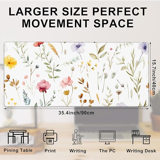 Gaming Mouse Pad, Watercolor Floral Wildflowers Large Desk Mat for Keyboard and Mouse,Non-Slip Rubber Base and Stitched Edges Desk Pad for Home Office 35.4x15.7in