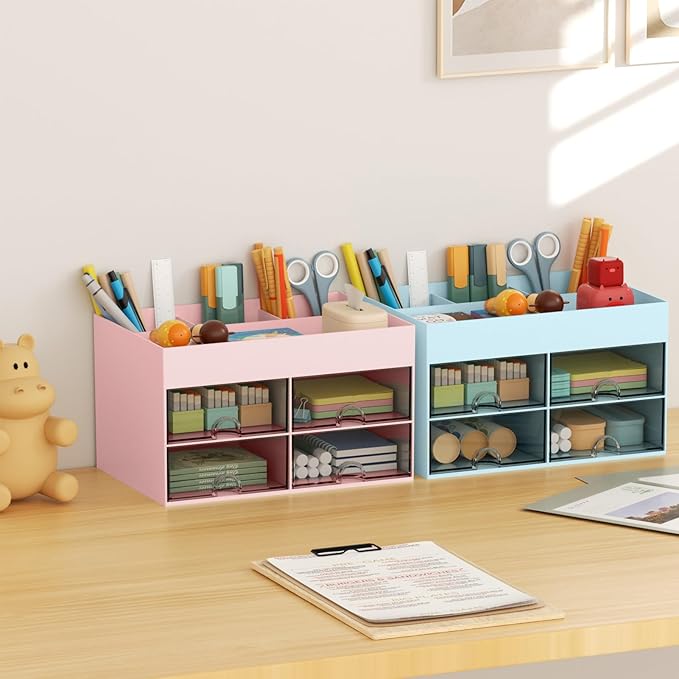 Marbrasse Pen Organizer with 4 Drawer, Multi-Functional Pencil Holder for Desk, Desk Organizers and Accessories with 4 Compartments + Drawer for Office Art Supplies (pink)