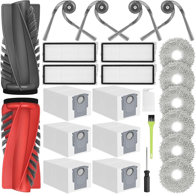 DrRobor 25PCS Qrevo S5V Replacement Accessories Kit Compatible with Roborock Qrevo Curv/Curv S5X/Qrevo Edge/Edge S5A Includes Dual Main Brush, HEPA Filters, Mop Pads, Side Brushes, Dust Bag and Tools
