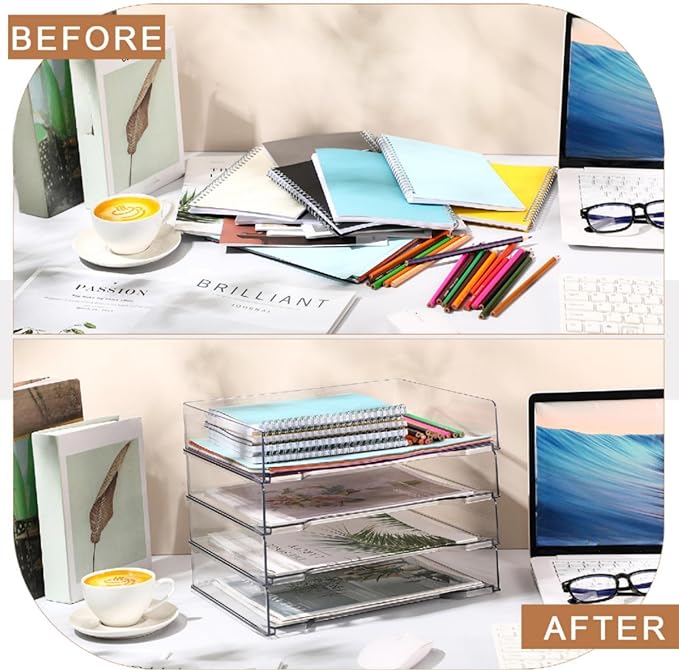 12 Pcs Stackable Letter Tray Rectangular Plastic Desk Organizer 13 x 9.5 x 2.6 in Paper Holder File Tray Accessories Rack for Desktop Office Desk Drawers (Clear)