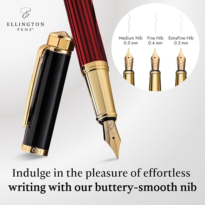 Ellington Pens Luxury Fountain Pen Set - Extra Fine Nib - Includes 3 Ink Cartridges, Refillable Ink Converter, Gift Box-Fountain Pens For Writing, Calligraphy, Journaling, Sketching (Crimson Blend)