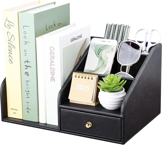 GORESE PU Leather Desk Organizer, File Organizer with Drawer and 4 Compartments, Desktop Organization with Magazine file Holder for Office Supplies, Elegant Gift for Men Who Have Everything, Black