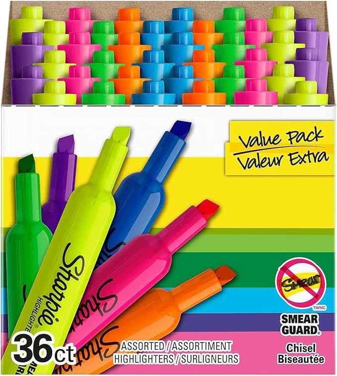 Sharpie Tank Highlighters, Fluorescent And Pastel Highlighters, Chisel Tip, Highlighter Markers Set, Assorted Colors, Value Pack, 36 Count - School, Office, Teacher Supplies