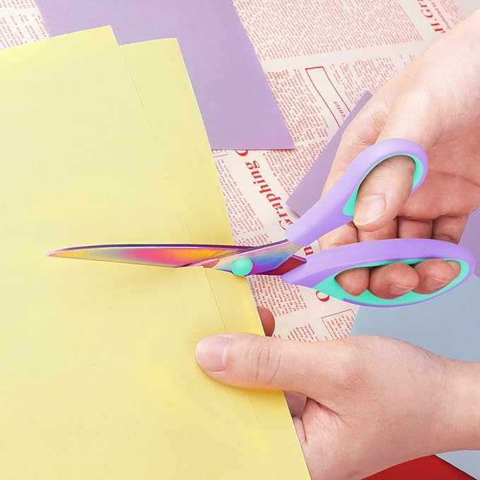 Scissors, Sharp Titanium Coating Blades, Soft Grip Handle, Multi-Purpose Scissors Set of 3 Suitable for Families, Office, and School Use, Purple Green