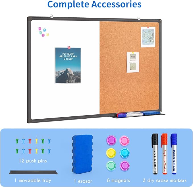 Magnetic White Board and Cork Board Combo, 36 x 24 inches Whiteboard Bulletin Combination Board, Wall Mounted Dry Erase Message Board for Home, School and Office