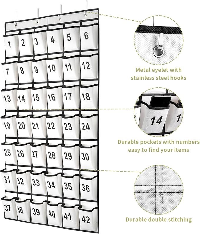 42 Pockets Numbered Classroom Pocket Chart for Cell Phones, Hanging Pocket Chart Storage for Classroom Phone Calculator Holder with 4 Hooks and 42 Clear Numbers Printing (White-42pockets)