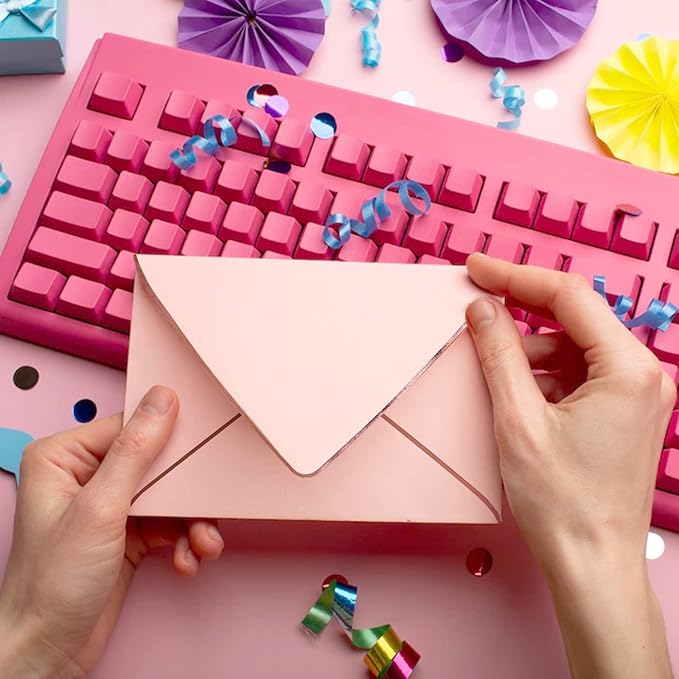 50 Pack A6 Pink Envelopes With Rose Gold Border 4 x 6 - V flap, Quick Self Seal, For 4x6 Cards| Perfect for Weddings, Invitations, Photos, Graduation, Baby Shower (Pink-rose golden border)