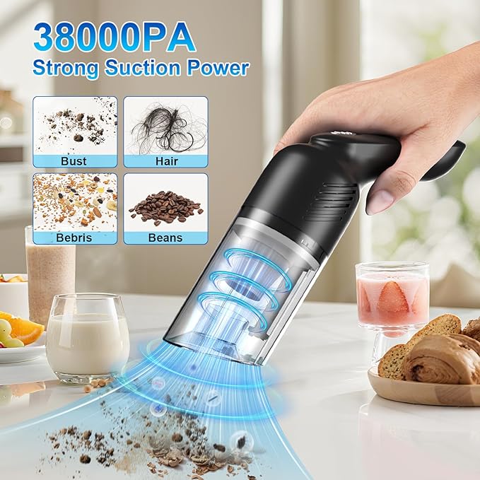Carry360 38000PA Handheld Vacuum Cordless | 120W Deep Cleaning for Car Pet Hair | Portable Cleaner with 2000mAh Battery, LED Light & Multi-Nozzles | Home Office Multi-Surface