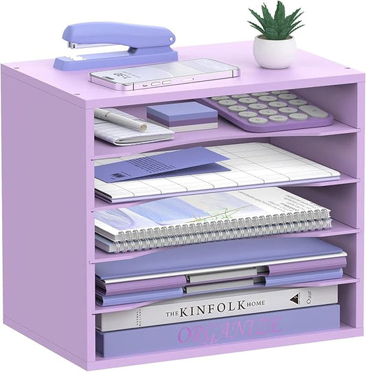 5-Tier Wood Desk Organizer, Paper Tray Organizer for Desk with Adjustable Storage Shelves, Desktop Paper Sorter Mail Holder for Office Home Classroom, Purple