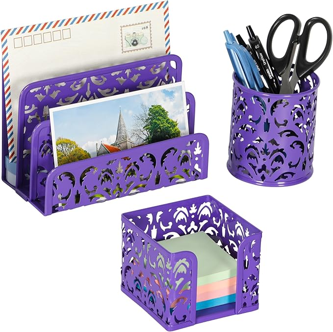 EasyPAG Desk Organizers and Accessories 3 Pieces Office Organizer Set - Pen Holder for Desk, Mail Sorter Countertop and Sticky Note Holder, Purple