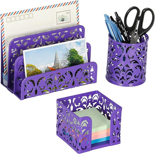 EasyPAG Desk Organizers and Accessories 3 Pieces Office Organizer Set - Pen Holder for Desk, Mail Sorter Countertop and Sticky Note Holder, Purple