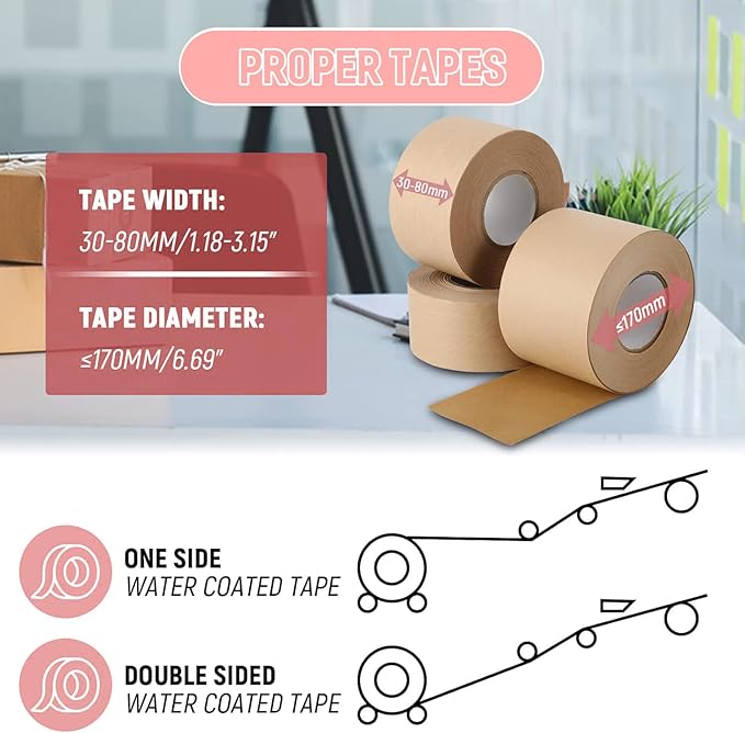 Water-Activated Tape Dispenser, Manual Kraft Gum Tape Dispenser, Width Adjustable 1.18-3.15", Light Weight & Portable Packing Tape Dispenser Set, Light Pink