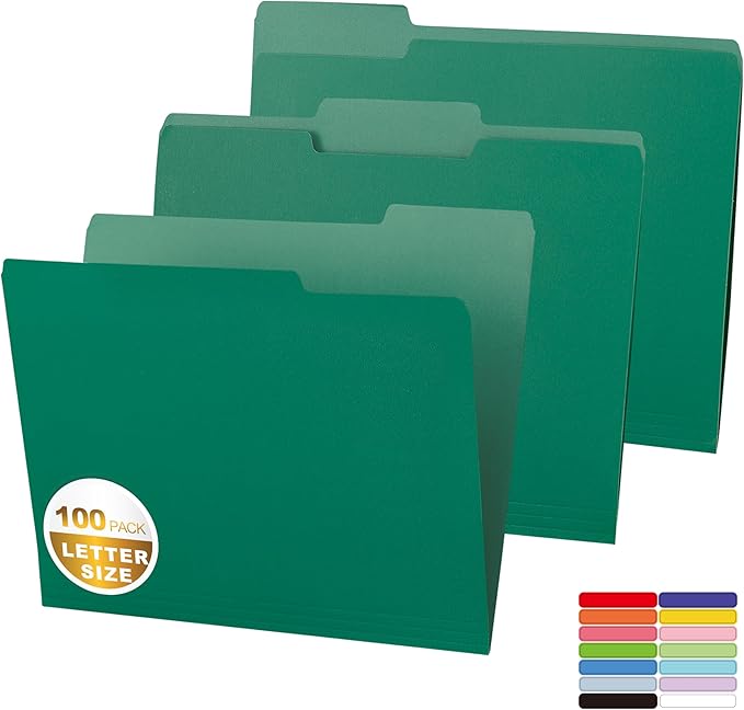 100 Packs Colored File Folders,Green File Folders,Two Tone Color File Folder 8.5 x 11 Inch,1/3 Cut Tabs Letter Size,Manila File Folders for Office,School and Home,Organization