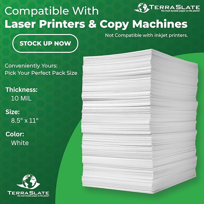 TerraSlate Waterproof Laser Printer Paper, 10 MIL 8.5" x 11", Bulk Copy Paper, White (500 Sheets)
