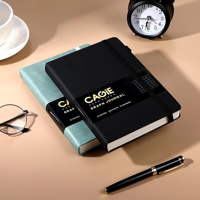 CAGIE Graph Notebook 320 Pages 100 GSM Paper Graphing Grid Journal A5 Hardcover Leather Quad Ruled Notebooks for Engineering, Math, Work, Black