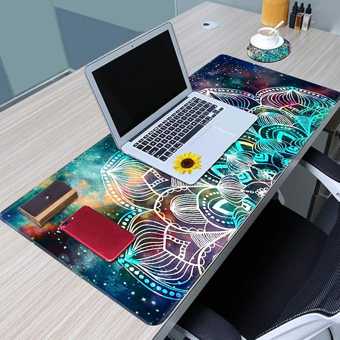 Large Gaming Mouse Pad with Stitched Edges, Desk Pad Protector, Computer Keyboard Mouse Mat Non-Slip Cute Desk Decor for Home/Office/Study Accessories+ Coaster and Stickers, Mandala Art