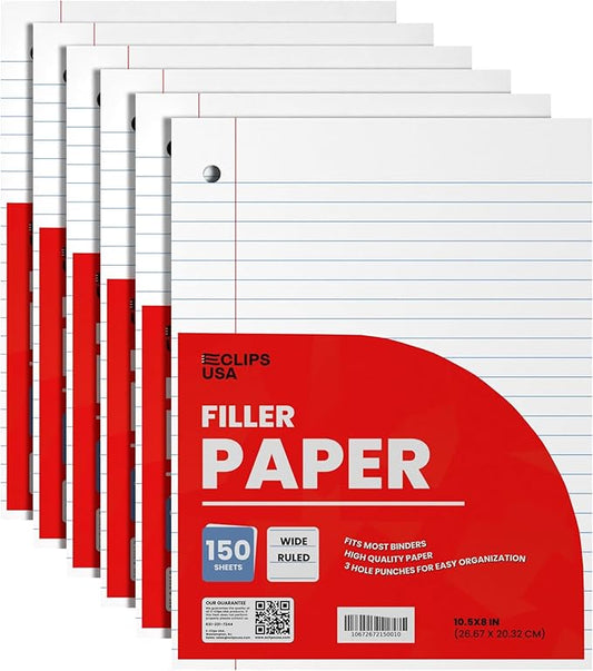 Wide Ruled Notebook Paper, Loose Leaf Filler Paper, 10.5” x 8”, 56 gsm, 900 Sheets, 150 Per Pack (6 Pack)