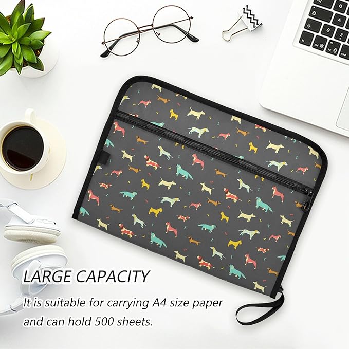 Gredecor 13 Pockets File Folder Organizer A4/Letter Water Resistant Dachshund Dog Black Document Bag with Zipper Filing Folder Expanding File Pouch Storage for School Office