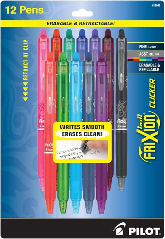 Pilot Frixion Clicker Erasable Gel Pen, Fine, 0.7 mm, Assorted Ink Colors, 12-Pack