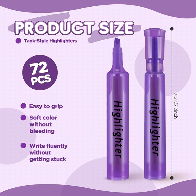 Qilery 72 Pack Highlighters Bulk, Tank Style Chisel Tip Highlighters Markers Quick Drying for Kids and Adult Coloring, Classroom Home Office School Supplies (Purple)